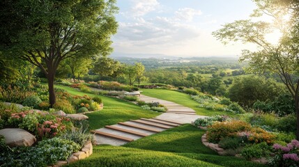 Serene Garden Landscape with Walkway and Lush Greenery at Sunset