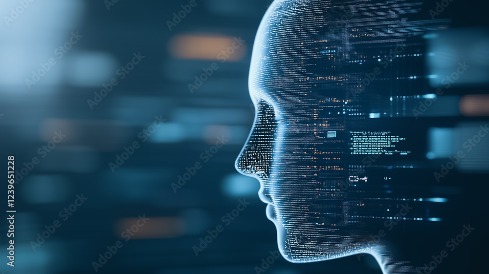 Poster digital consciousness: a mesmerizing profile of a humanoid ai construct, its face composed of intric