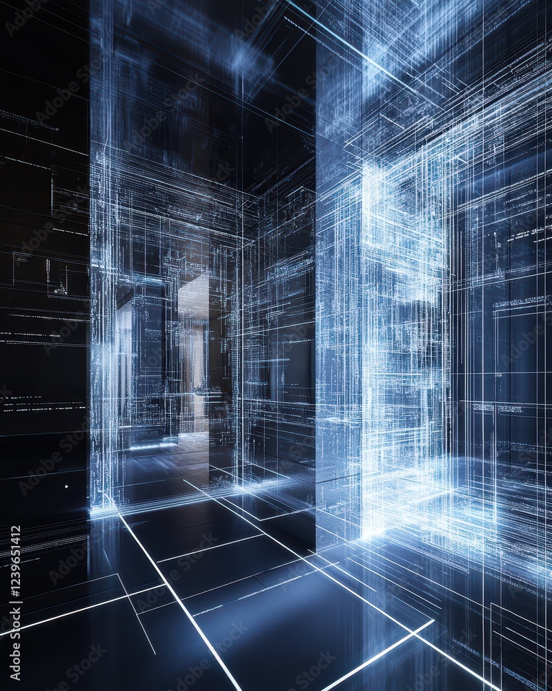 Poster abstract digital architecture: luminous pathways in a cybernetic metropolis.
