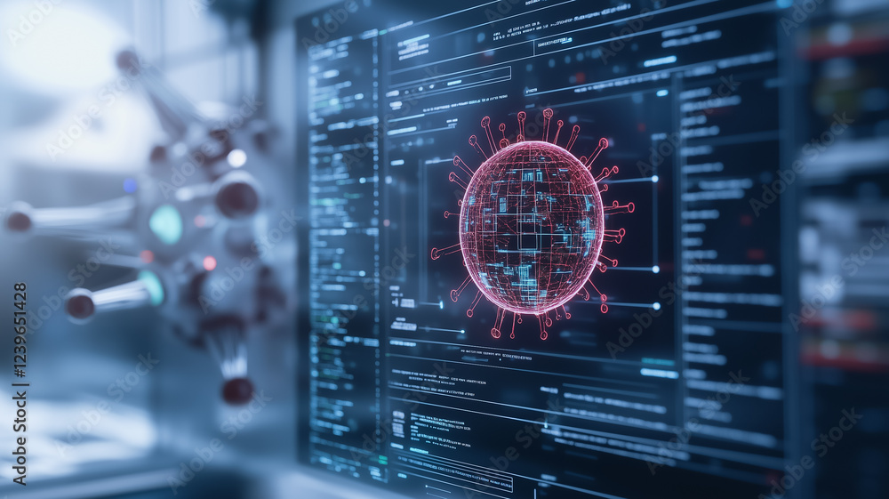 Poster digital microscopy: a 3d rendering of a coronavirus, magnified and visualized through digital micros