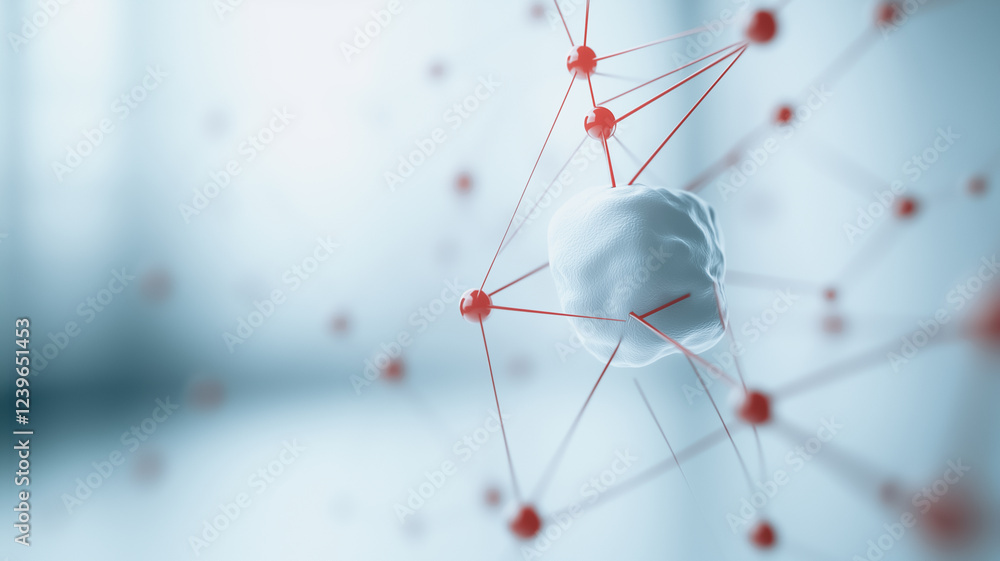 Poster neural network connection: abstract representation of a neural network, with a central node resembli