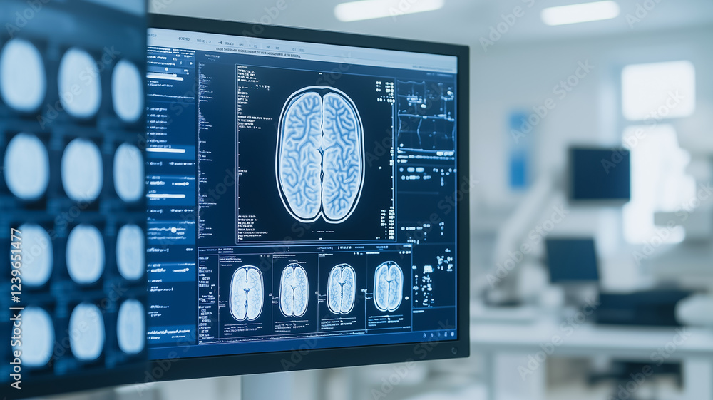 Poster brain scan analysis: close-up view of a computer monitor displaying detailed brain scans, suggesting