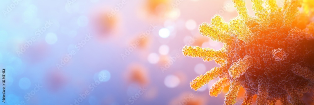 Poster a close examination of a virus particle superimposed on a background with a smooth blend of orange a