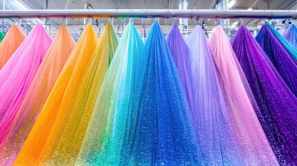 Colorful Layers of Tulle and Fabric Hang in a Textile Showroom