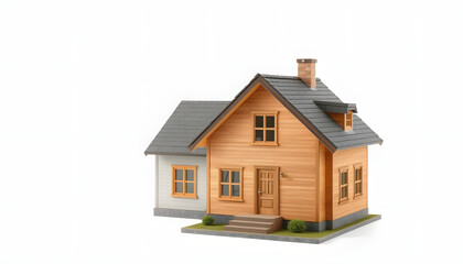 Wooden toy house on a white background, showcasing a home-building concept, family themes, miniature architecture and a cozy residence on grass.