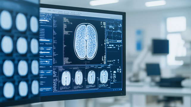 Brain Scan Analysis: Close-up view of a computer monitor displaying detailed brain scans, suggesting medical research, diagnosis, or neurological study.