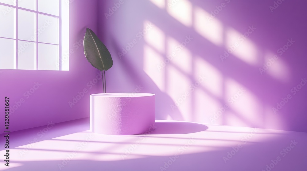 Poster a minimalist 3d studio with a purple corner and soft window shadows, creating an abstract background