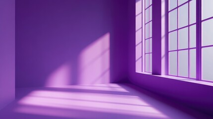 Fototapeta premium A minimalist 3D studio with a purple corner and soft window shadows, creating an abstract background perfect for showcasing products.