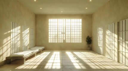 Fototapeta premium A large room with a window and a potted plant