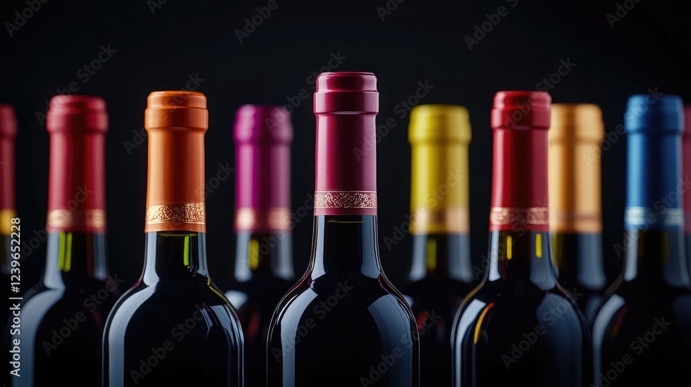 Poster a minimalist shot of wine bottles aligned symmetrically, their colorful caps and detailed labels glo