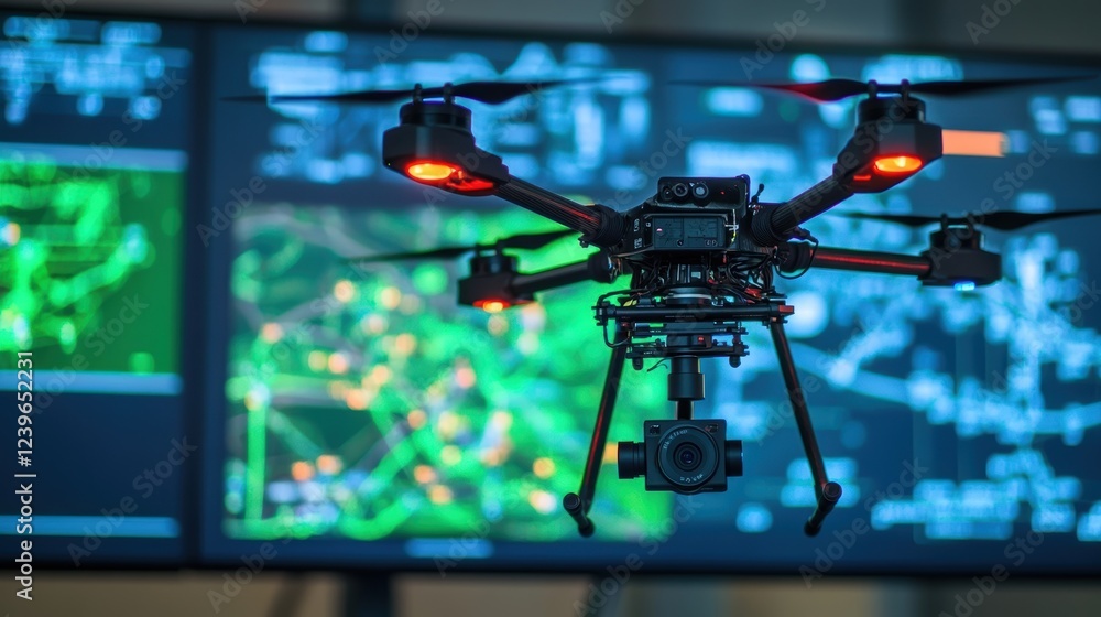 Poster a medium closeup of a drones camera system captures intricate details as its calibrated for aerial s