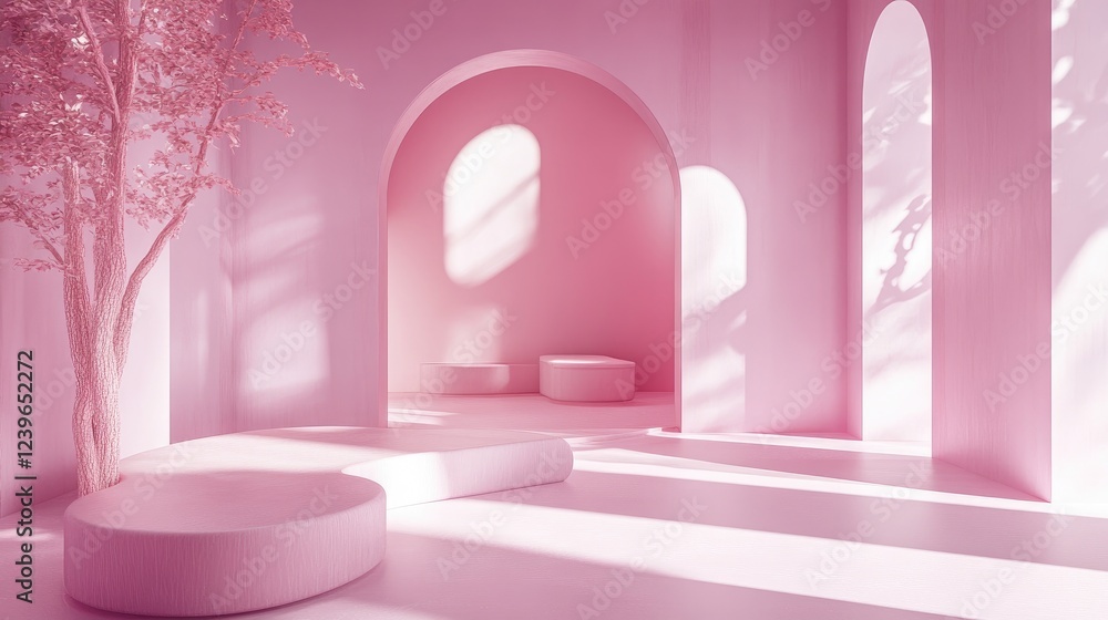Poster A minimalist virtual Zoom room with pink design elements and abstract generative art, offering a modern and sophisticated virtual backdrop.
