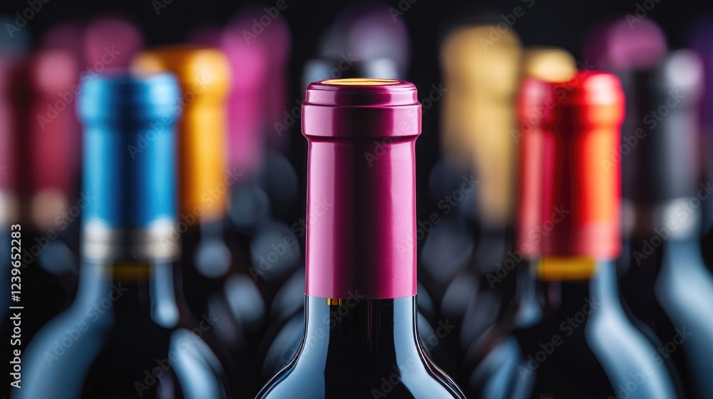 Poster a minimalist shot of wine bottles aligned symmetrically, their colorful caps and detailed labels glo