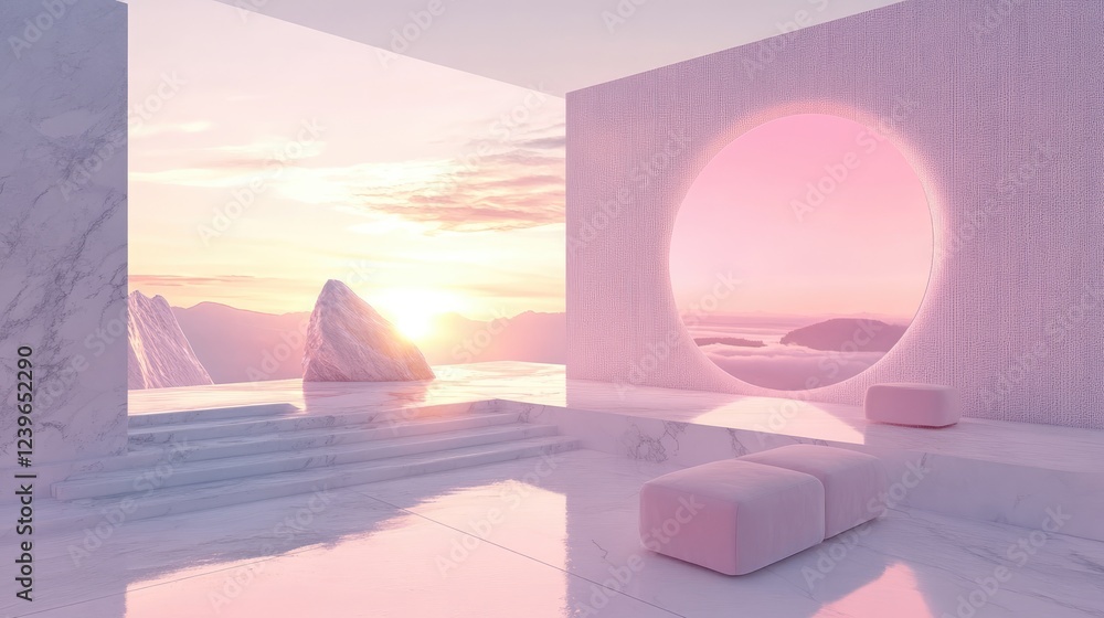 Poster A minimalist virtual Zoom room with pink design elements and abstract generative art, offering a modern and sophisticated virtual backdrop.
