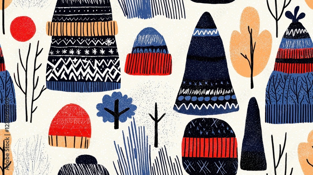 Poster colorful winter hat patterns and nature elements for background use