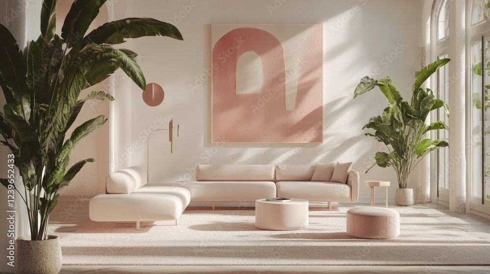 Poster a minimalist zoom room with contemporary furniture, featuring pops of pink and generative art on the