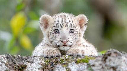 Fototapeta premium White tiger cub on rock, blurred green background, wildlife