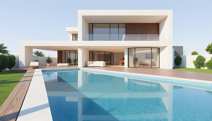 Fototapeta premium Modern house exterior with swimming pool and deck.3d rendering , with white tonespng