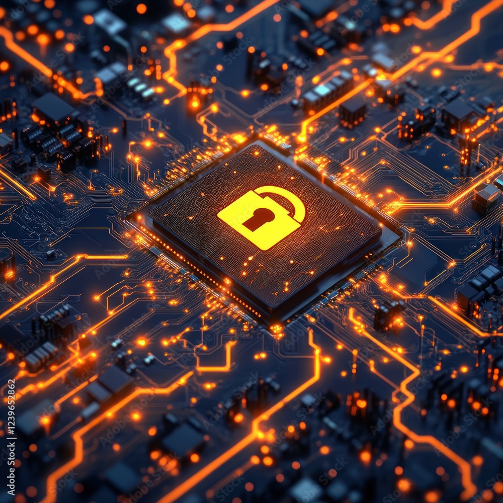 Poster cybersecurity lock on circuit board, digital network, glowing paths, electronic flow. use in tech co
