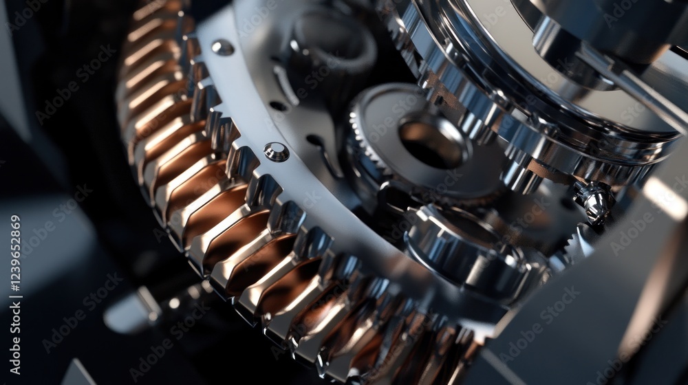 Poster close-up rendering of intricate mechanical gears with metallic textures and precise detailing