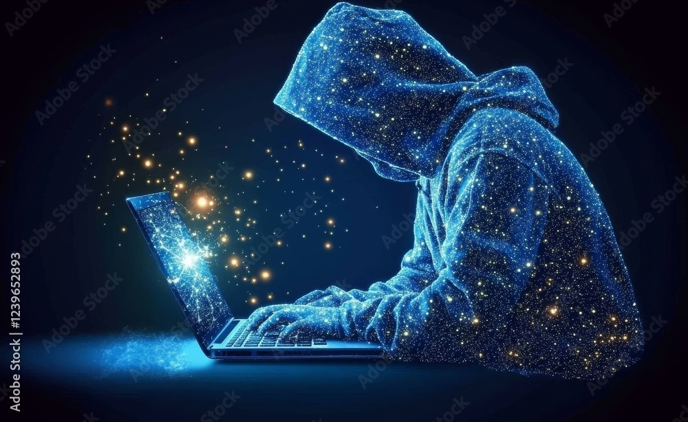 Poster in a dark tech setting, an abstract polygonal hacker is depicted with a laptop.