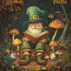 Enchanting Leprechaun Reading Book in Magical Mushroom Forest St. Patrick's Day © Blueloner