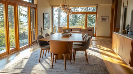 Fototapeta premium Sunlit Modern Dining Room with Forest Views and Elegant Furnishings