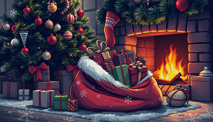 Christmas Gifts. Close Up Gifts And Toys In A Santa Claus Sack Near The Christmas Tree And Fireplace , with white tonespng