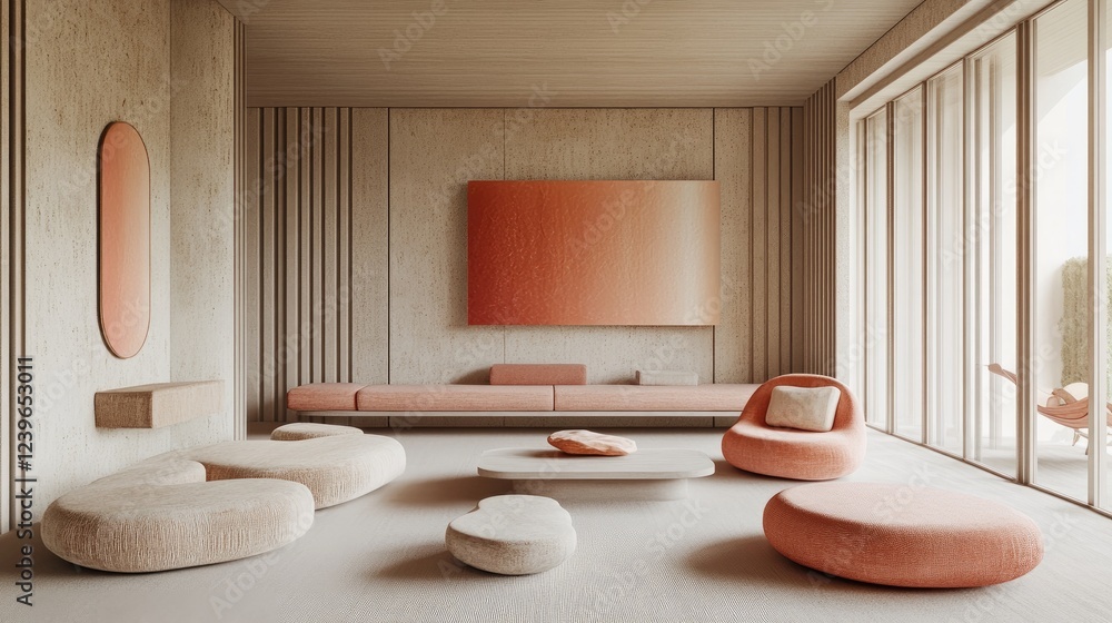 Poster a minimalist zoom room with contemporary furniture, featuring pops of pink and generative art on the