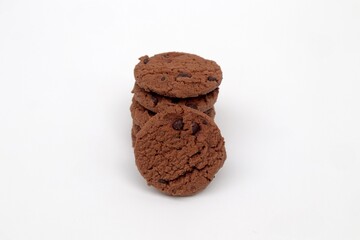 Stack of chocolate biscuits on a white background