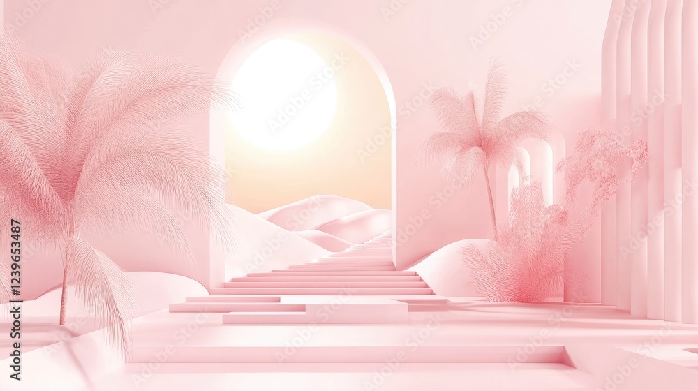 Fototapete a modern minimalist zoom background featuring pops of pink, with clean lines and generative art crea