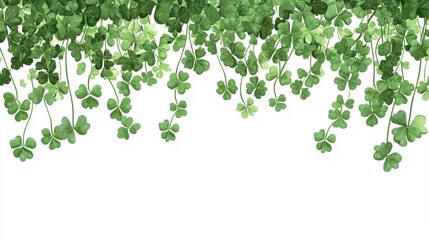 Lush Green Clover Leaves Hanging Nature Border Floral Design White Background Botanical Illustration St. Patrick's Day