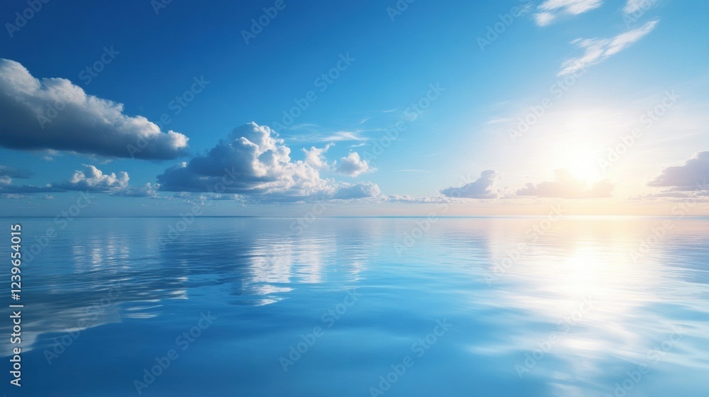 Poster vast ocean expanse reflecting a bright sky at sunrise with scattered clouds in the distance. generat