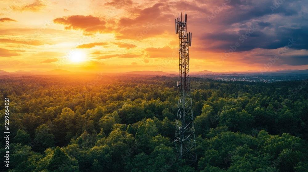 Aufkleber a modern telecom tower rises amidst lush greenery and a dramatic sky, representing the harmony of ad
