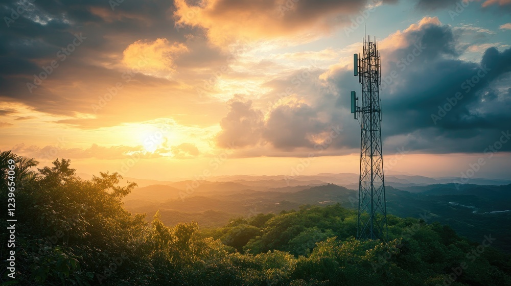 Poster a modern telecom tower rises amidst lush greenery and a dramatic sky, representing the harmony of ad