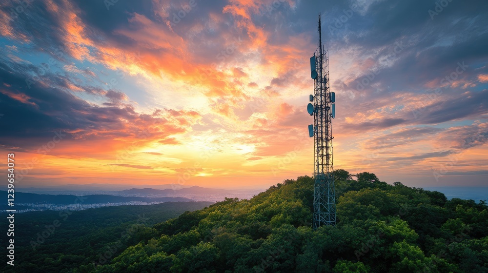 Poster a modern telecom tower rises amidst lush greenery and a dramatic sky, representing the harmony of ad