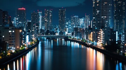 Nighttime cityscape with illuminated skyscrapers reflecting in a calm river below