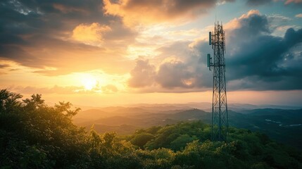 A modern telecom tower rises amidst lush greenery and a dramatic sky, representing the harmony of advanced technology with the natural world.