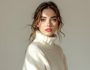 Embrace elegance and simplicity with this stunning AI-generated image of a woman in a white sweater against a white background. The clean aesthetic enhances the cozy, minimalist feel, making it ideal 