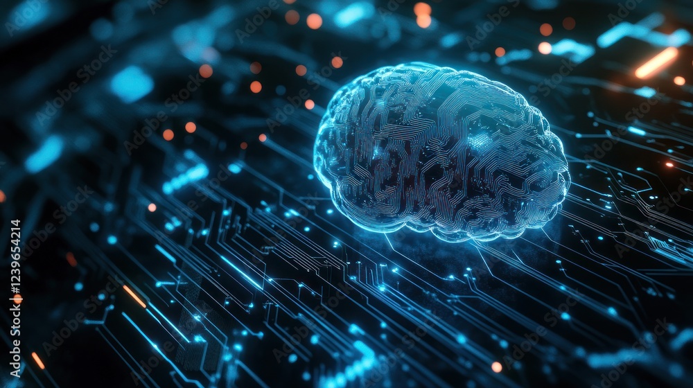 Poster artificial intelligence concept with a brain connected to digital network lines
