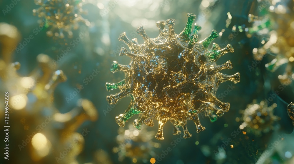 Poster a 3d rendering showcases a detailed view of a virus particle under a microscope.