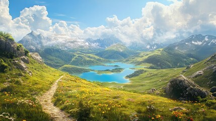 Fototapeta premium A mountain trail leads through lush meadows, offering panoramic vistas of multiple blue lakes below, set against the backdrop of a clear and vibrant sky.