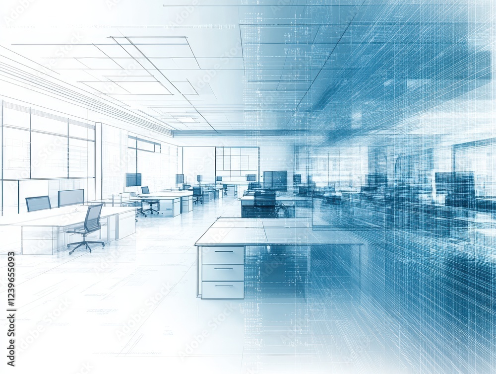 Poster modern office space architectural design blueprint visualization: digital innovation and workspace p