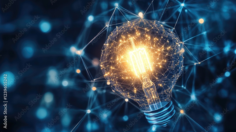 Poster A network of advanced AI lines linking a brain to a bright light bulb, representing the flow of creativity, intelligence, and problem-solving.