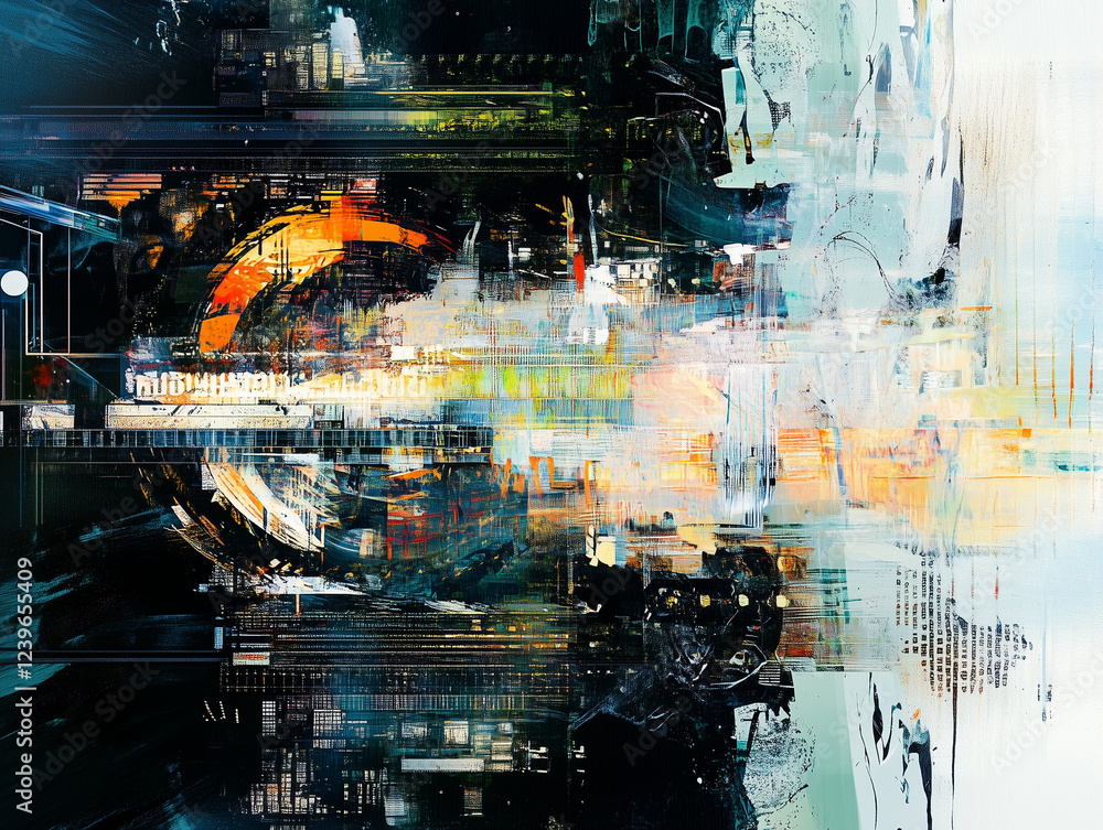 Poster abstract technology background showcases a fusion of media technology in space, incorporating mixed 