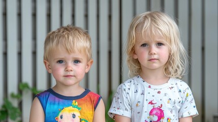 Blonde toddlers posing outdoors, fence background, family portrait