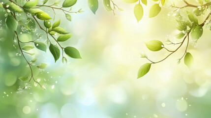 Fototapeta premium Lush Green Branches and Soft Blossoms Against Sunlit Background. Concept of Spring Renewal, Nature's Beauty, Tranquil Environment, Fresh Beginnings. Copy space. Spring background