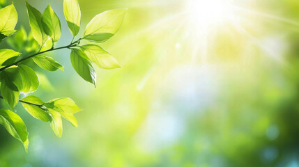 Obraz premium Lush Green Leaves on Branch with Sunlight in Spring Forest. Concept of Nature's Renewal, Fresh Beginnings, Tranquility, Natural Beauty. Copy space. Spring background