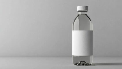 Photo of a water bottle with a white label mockup on a grey background,