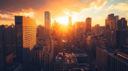 Fototapeta premium A panoramic view of a bustling cityscape at sunset, with warm golden hues lighting up the urban landscape for a moment of discovery.